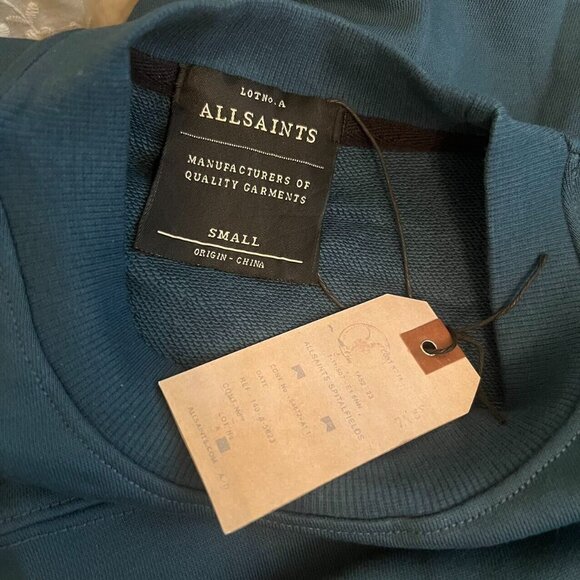 NWT All Saints Mens Sweatshirt Blue Jumper Sweater Raven Crew Ramskull Top SZ S - Picture 2 of 8
